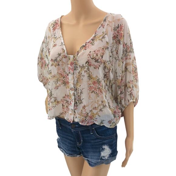 Poetry SMALL Cream Peach Floral Sheer Lace Back Peasant Boho Blouse Crop Top - Picture 1 of 5